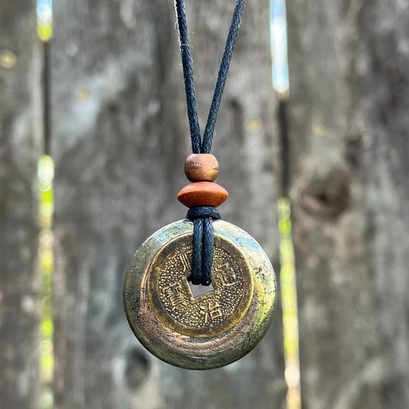 Artisan Jewelry - Pyrite and Lucky Coin Pendant Handmade